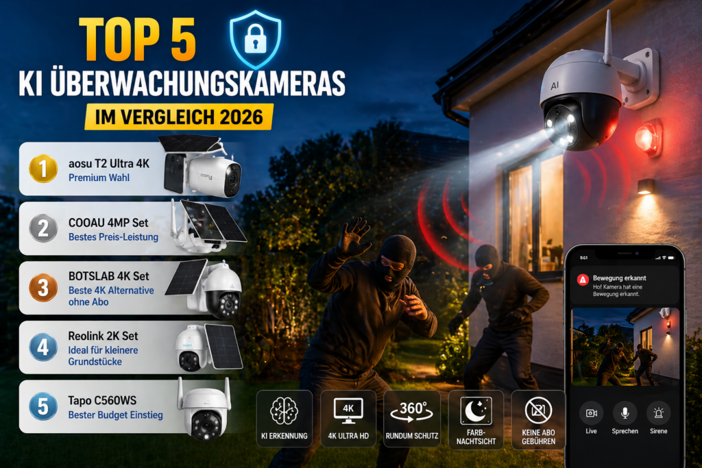 Top 5 KI Überwachungskameras 2026 im Vergleich mit Einbrechern die durch Kamera abgeschreckt werden