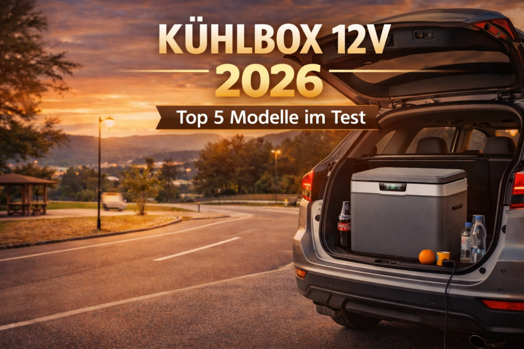 Kühlbox 12V 2026 im SUV Kofferraum auf Rastplatz bei Sonnenuntergang
