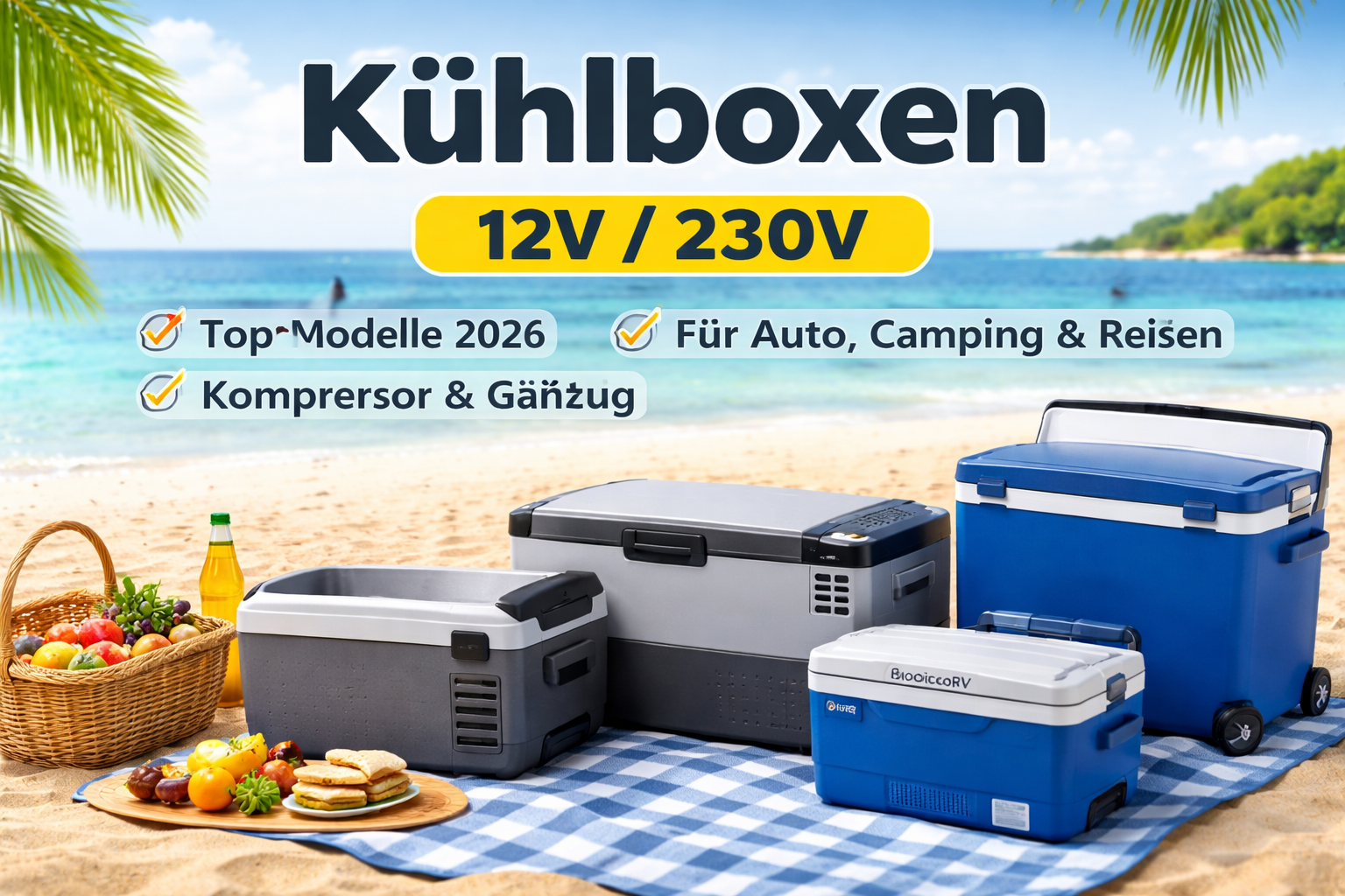 Kühlbox 12V 230V 2026 am Strand beim Picknick