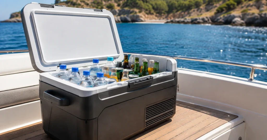 Kühlbox 12V auf einem Bootsdeck bei Tageslicht