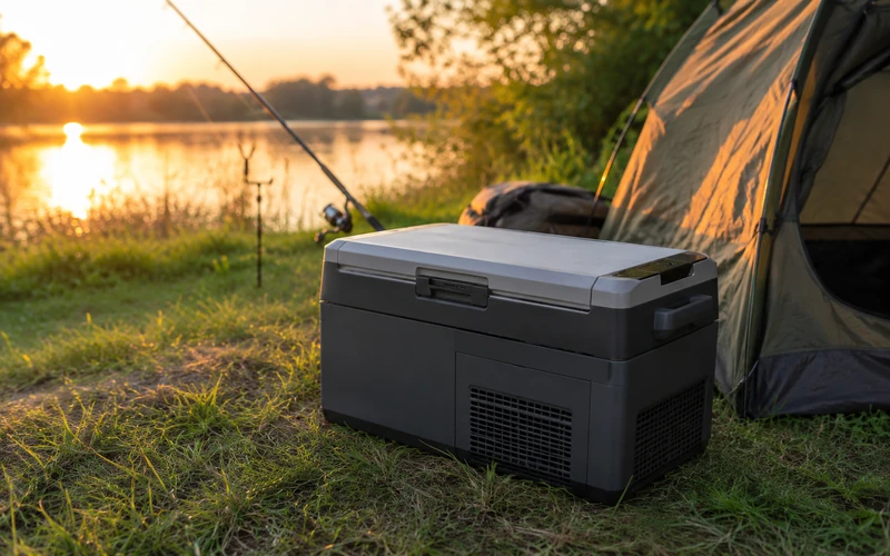 Kühlbox 12V am Campingplatz bei Abendstimmung