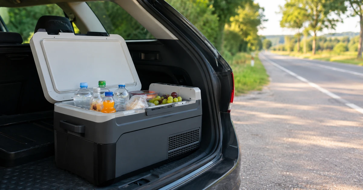 Kühlbox 12V im Kofferraum eines Autos bei Sonnenschein