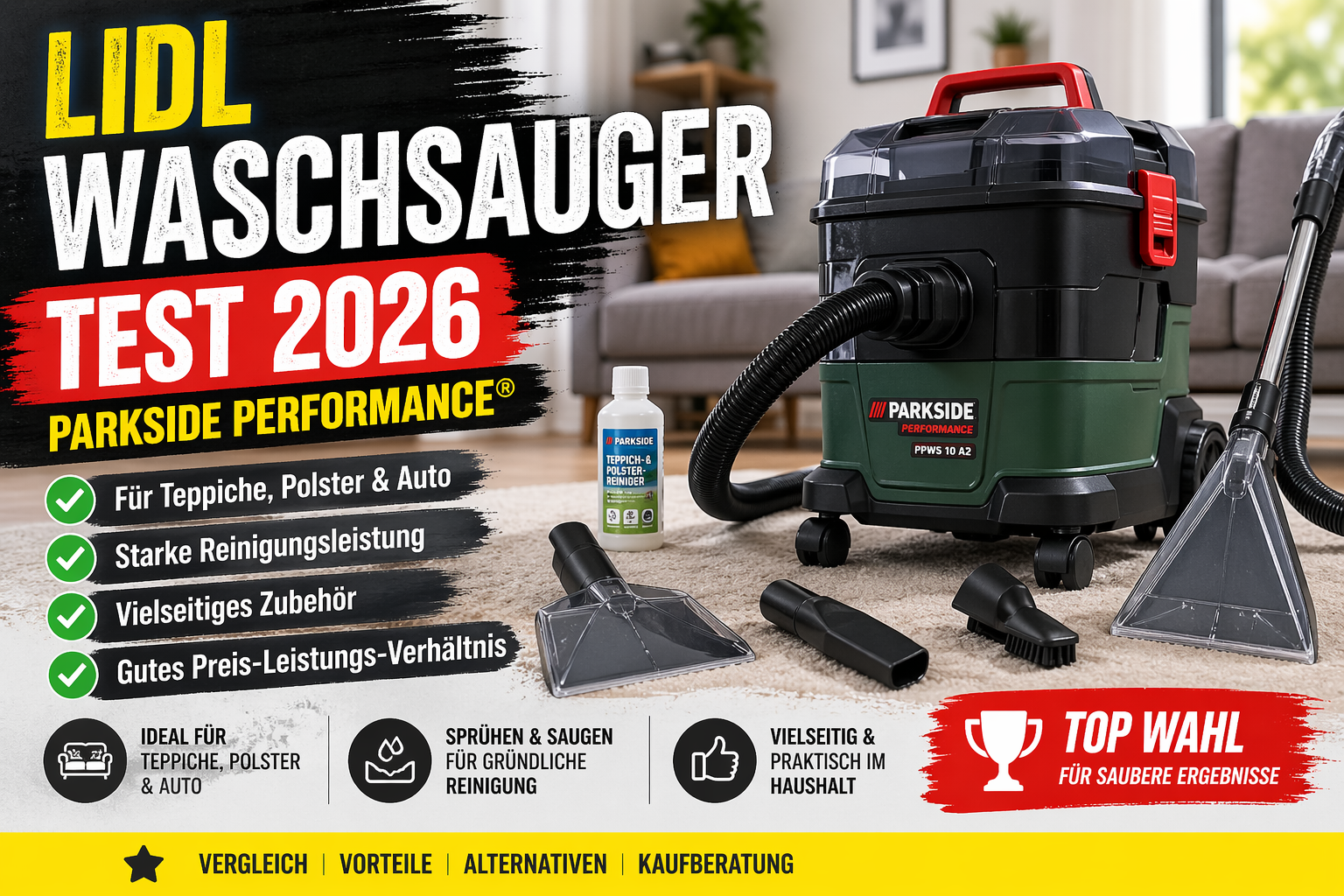 Lidl Waschsauger PARKSIDE PERFORMANCE PPWS 10 A2 im Test 2026 mit Zubehör für Teppich Polster und Auto Reinigung
