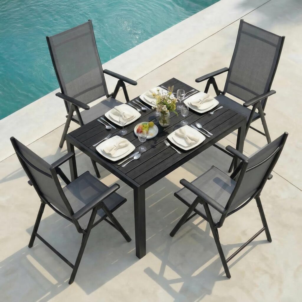 LIFERUN 5-teiliges Gartenmöbel Set aus Aluminium mit klappbaren Hochlehner Stühlen und Tisch für Terrasse und Garten