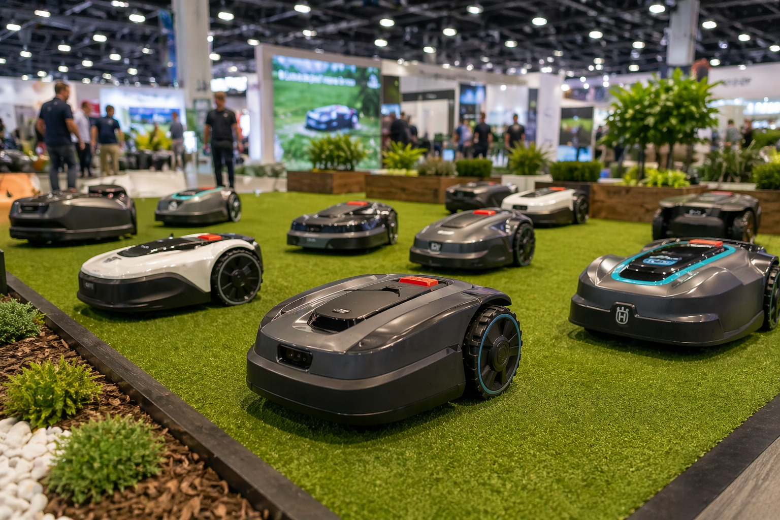 Verschiedene Mähroboter 2026 auf einer großen Messe Ausstellung im Vergleich