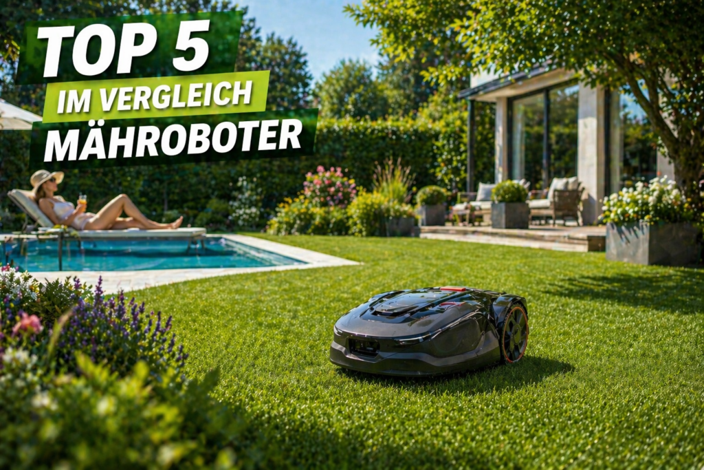 Mähroboter 2026 arbeitet im Garten während Person entspannt am Pool liegt