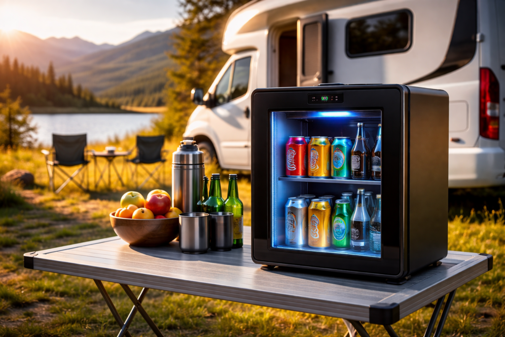 Mini Kühlschrank 2026 vor Wohnmobil beim Camping