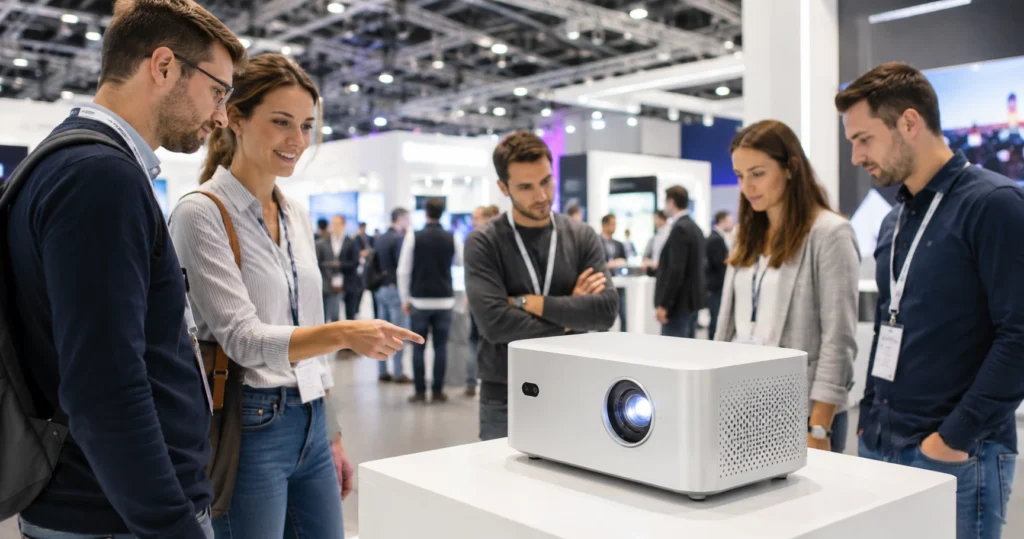 Mini Beamer auf einer Messe – Besucher begutachten einen kompakten Projektor
