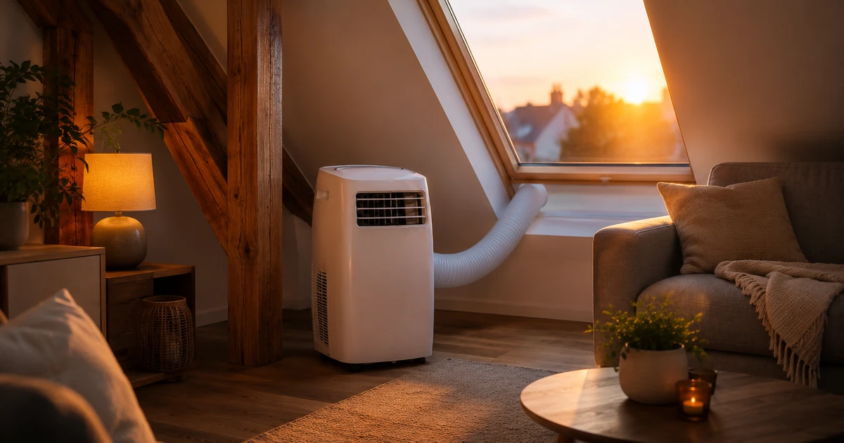 Mobile Klimaanlage in einer Dachgeschosswohnung bei Sonnenuntergang