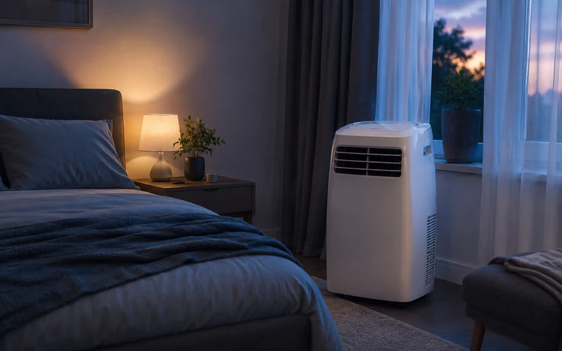Mobile Klimaanlage im Schlafzimmer am Abend