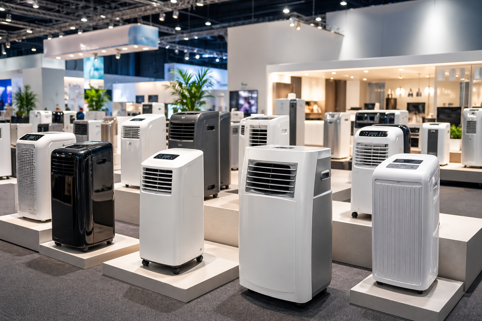 Verschiedene mobile Klimaanlagen auf einer großen Technik Messe ohne Text