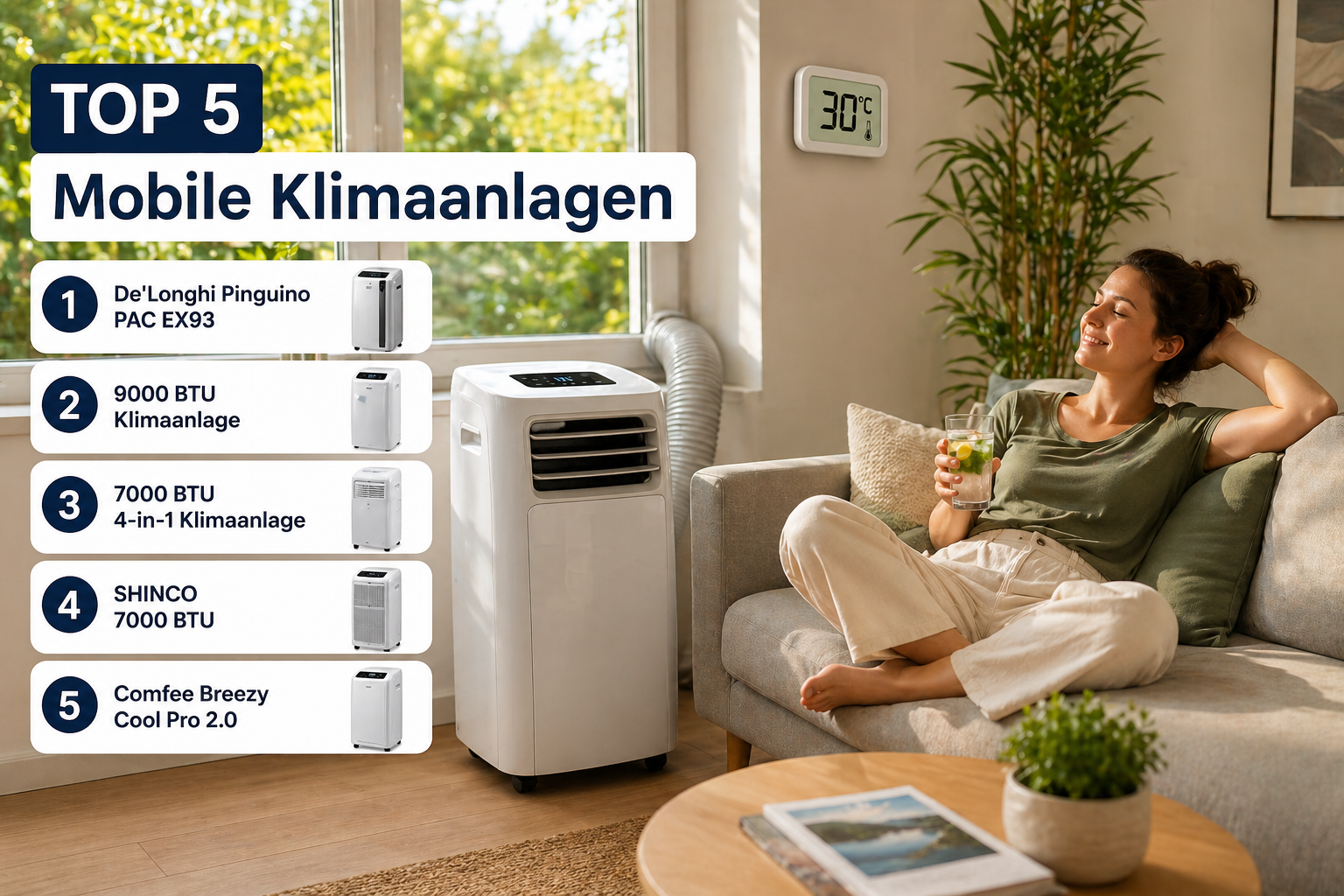 Top 5 mobile Klimaanlagen 2026 im Vergleich mit entspannter Person im Wohnzimmer bei 30 Grad
