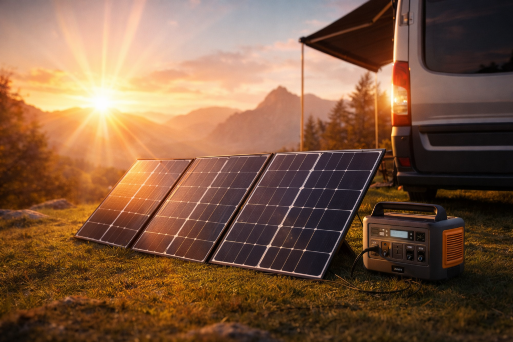 Mobile Solaranlage 2026 für Camping und Wohnmobil mit Solarpanels und Powerstation bei Sonnenuntergang