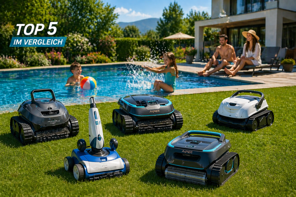 Top 5 Poolsauger 2026 im Vergleich Poolroboter beim Reinigen am Gartenpool mit Familie