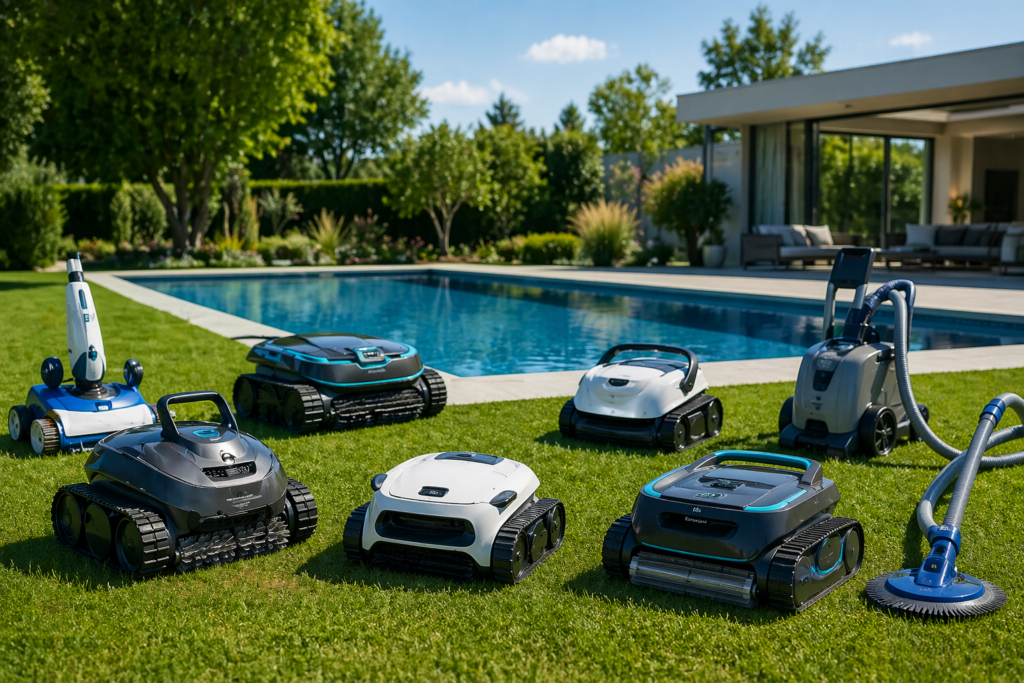 Poolsauger 2026 Vergleich verschiedene Poolroboter auf Wiese am Pool im Garten