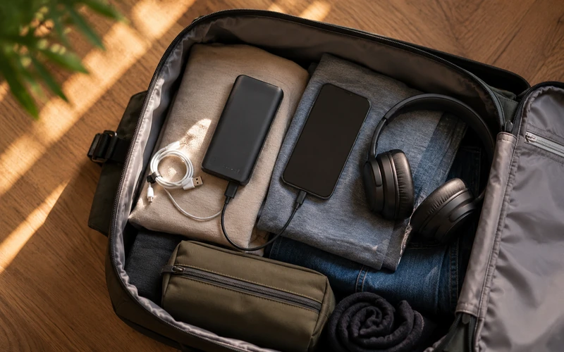 Powerbank in Reisetasche neben Smartphone und Kopfhörern