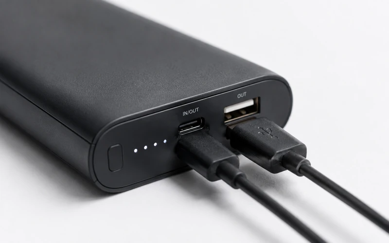 Powerbank mit mehreren USB-C Anschlüssen und angeschlossenen Kabeln