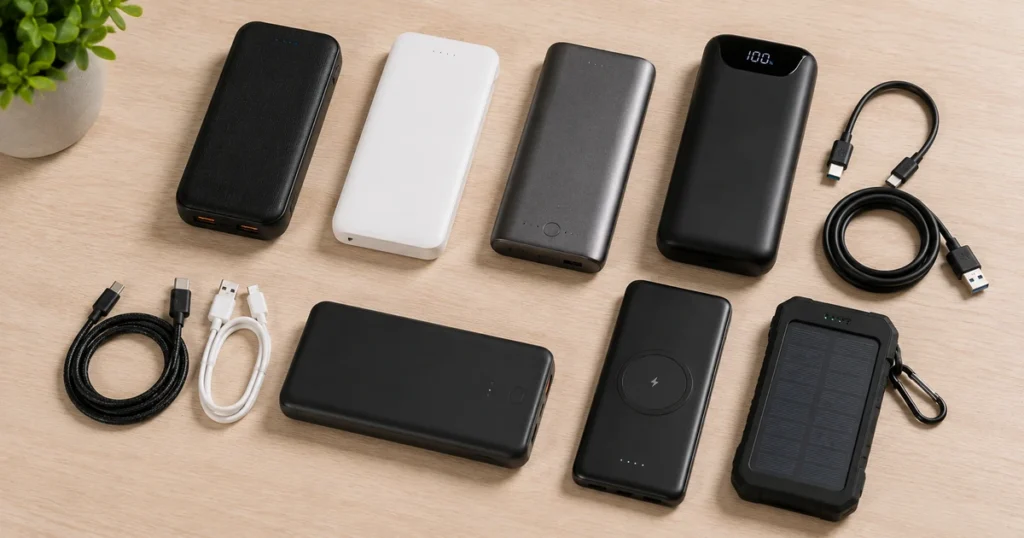 Mehrere Powerbanks und Kabel ordentlich angeordnet auf hellem Tisch