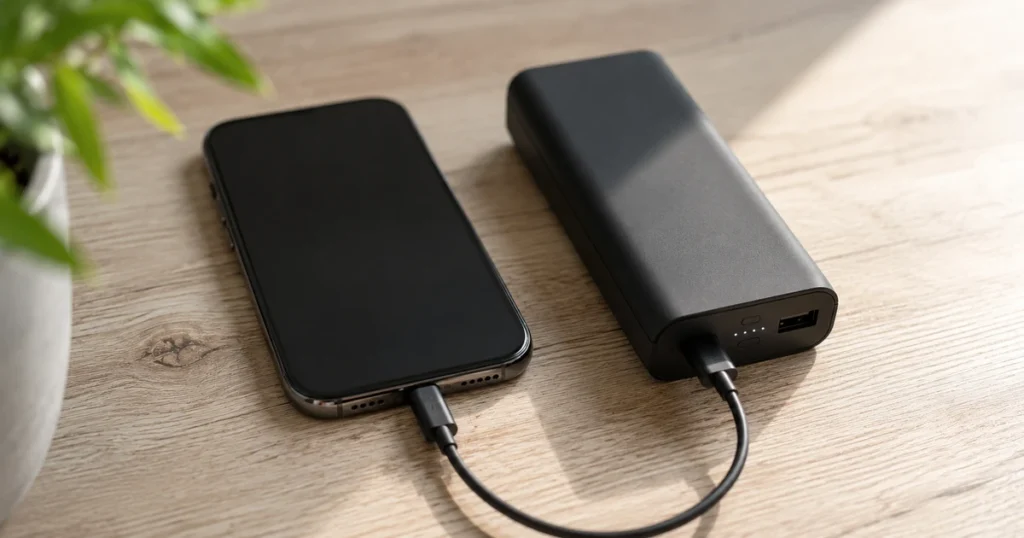 Powerbank lädt Smartphone auf Holztisch bei natürlichem Licht