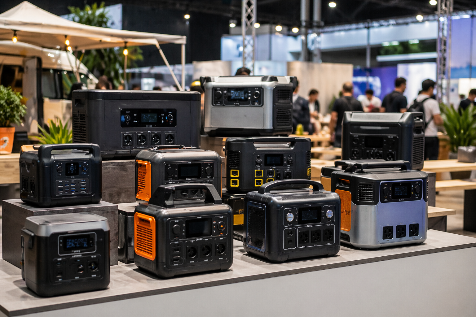 verschiedene Powerstations 2026 auf Messe Ausstellung im Vergleich mobiler Stromspeicher