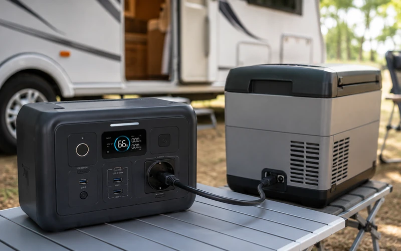 Powerstation versorgt Kühlbox mit Strom beim Camping