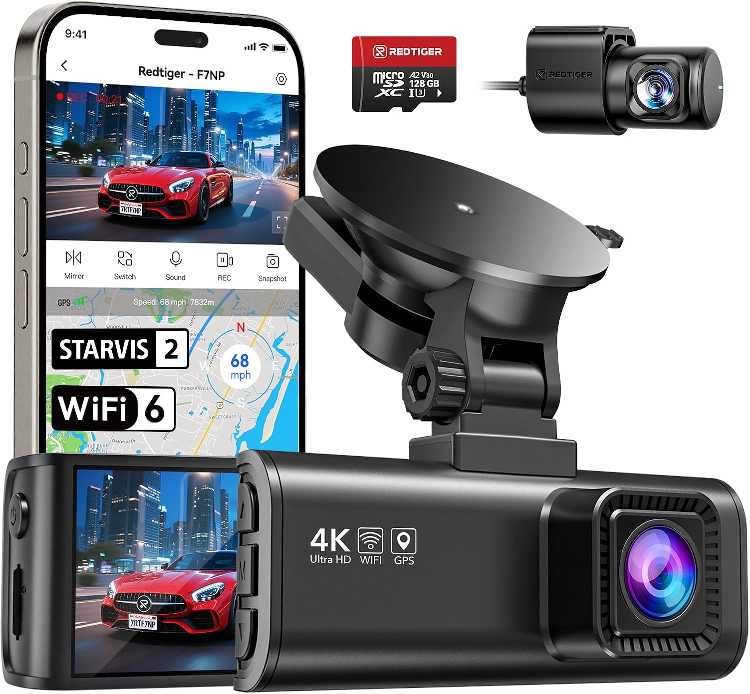 REDTIGER F7NP Dashcam mit Front- und Heckkamera und Zubehör