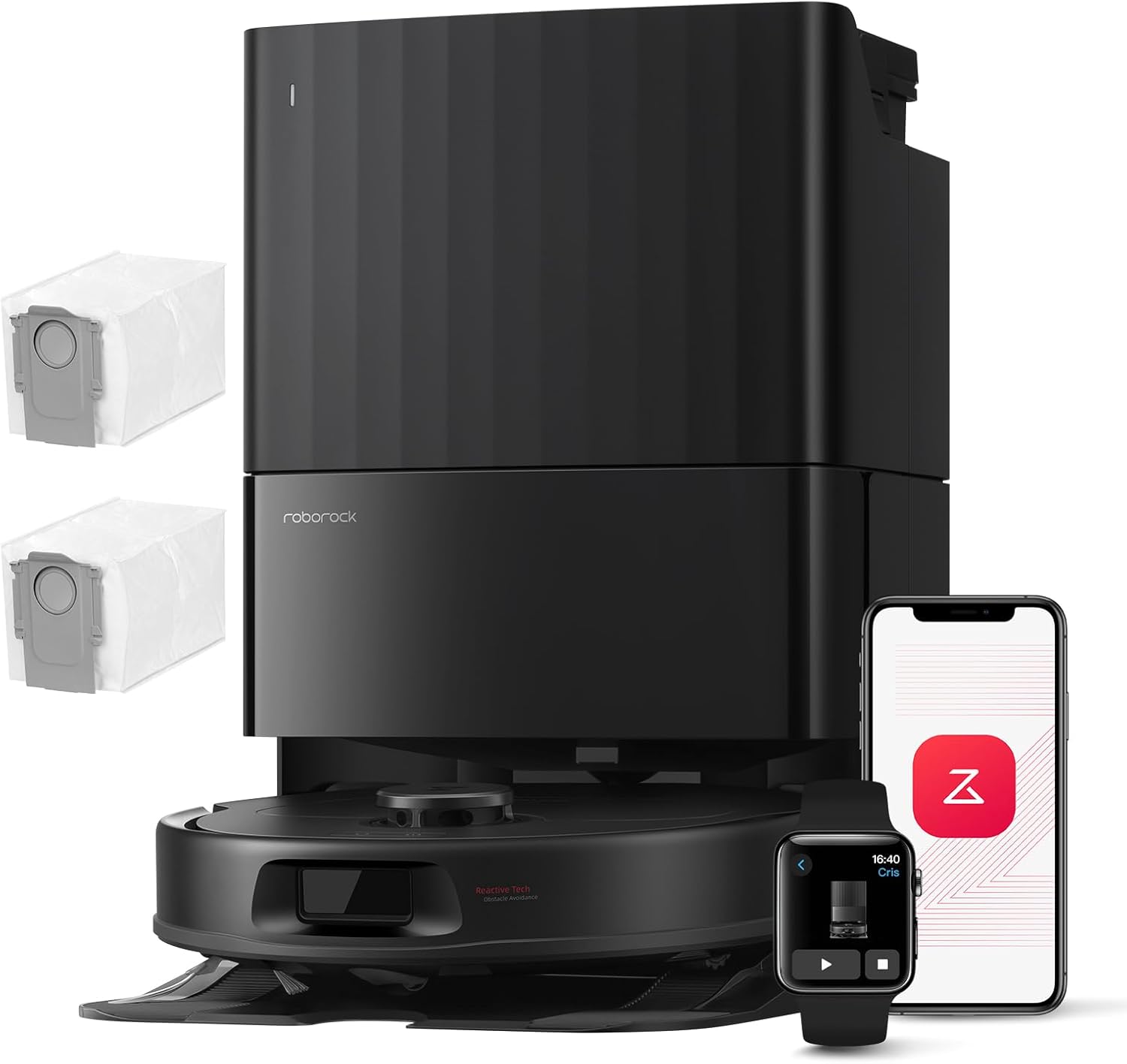 Schwarzer roborock Qrevo Saugroboter an All-in-One Dock in modernem Flur