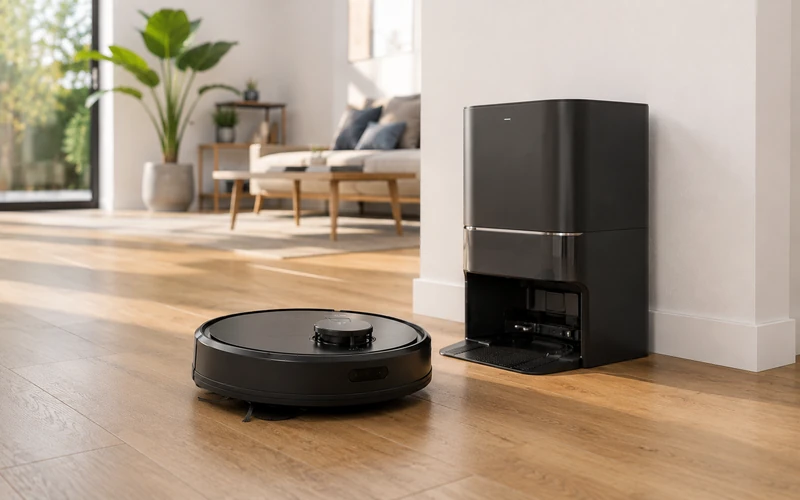 Saugroboter mit Absaugstation in modernem Wohnzimmer auf Hartboden