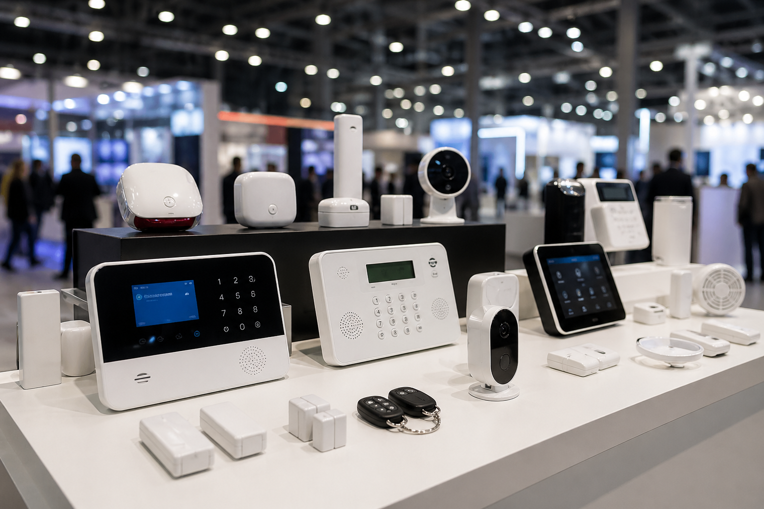 verschiedene Smart Home Alarmanlagen 2026 auf einer Technik Messe im Überblick