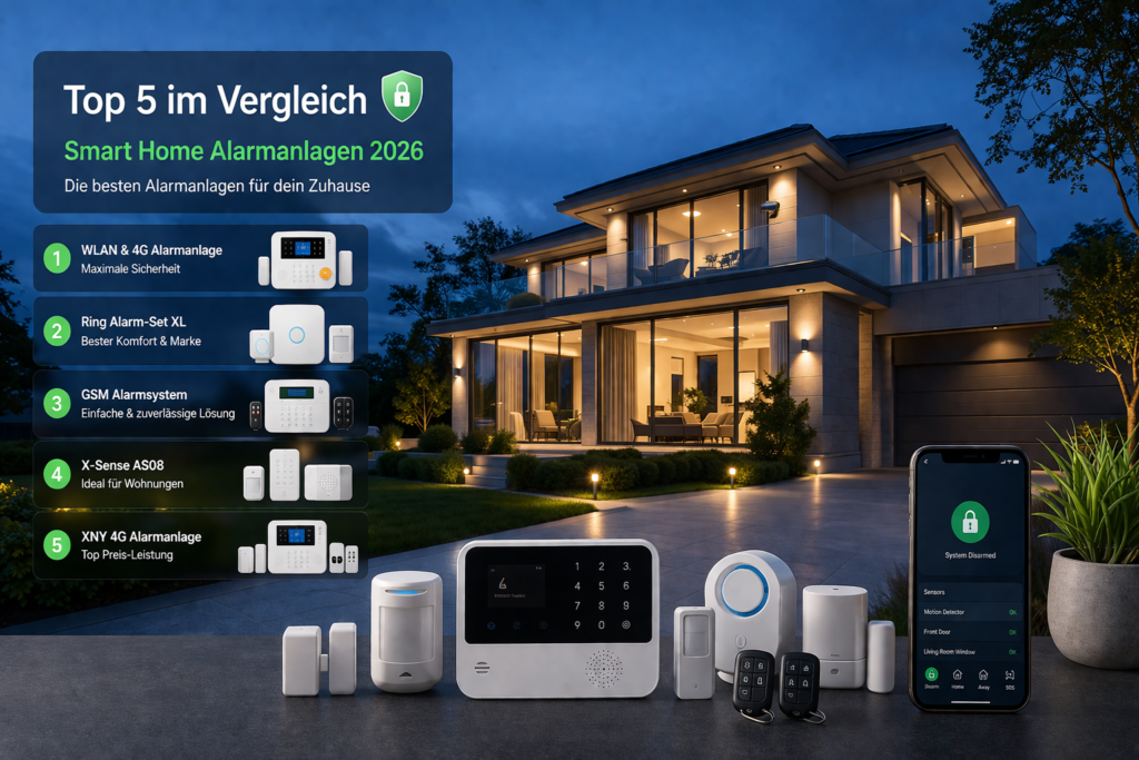 Smart Home Alarmanlagen 2026 Top 5 im Vergleich mit moderner Villa und Sicherheitssystem