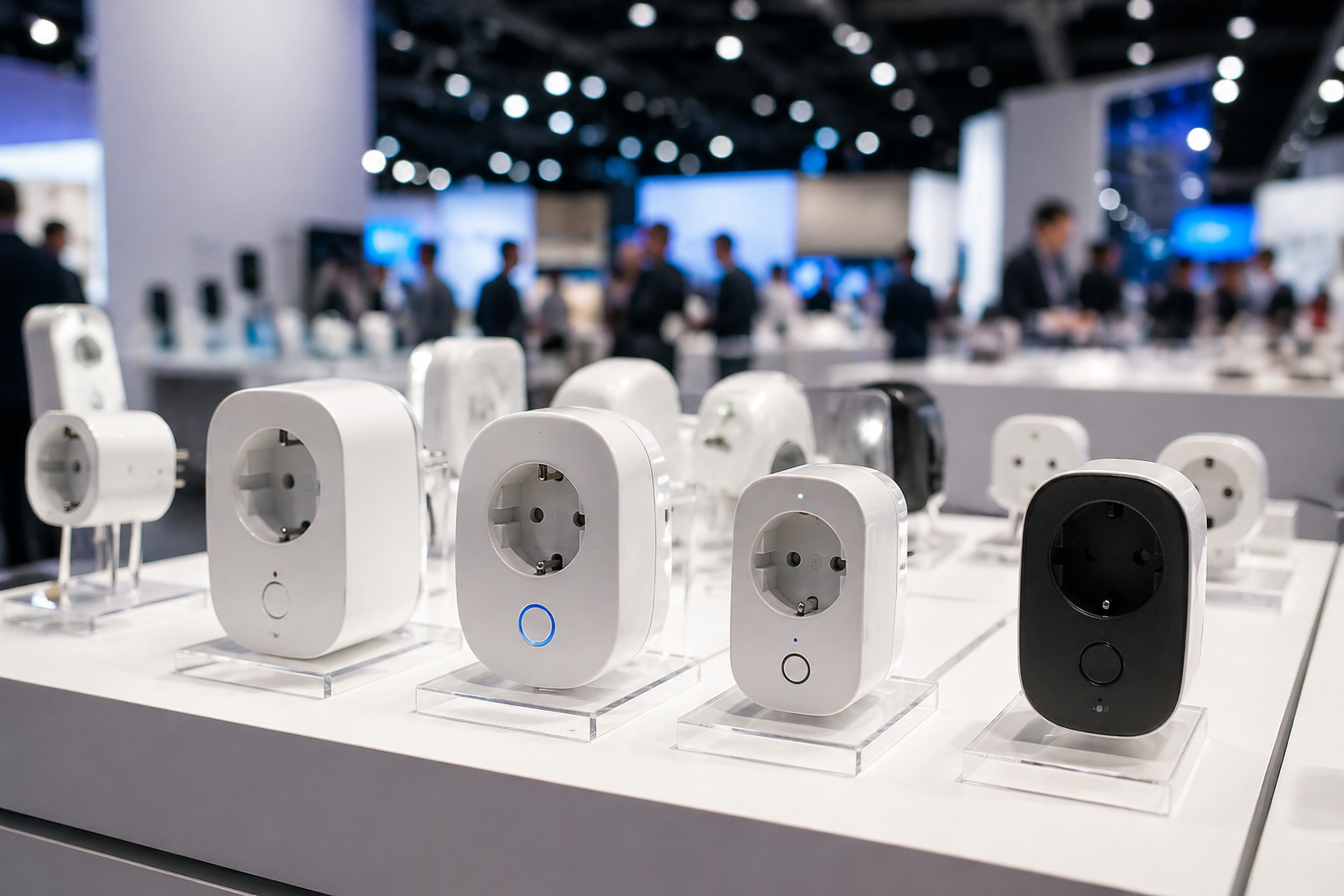 Verschiedene Smart Home Steckdosen auf einer Technik Messe Ausstellung 2026