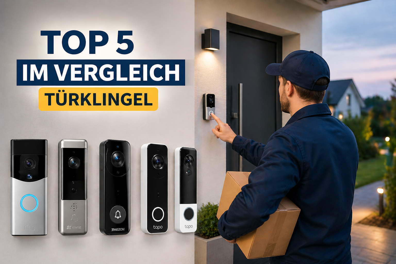 Top 5 Smart Home Türklingeln im Vergleich mit Postbote vor moderner Haustür