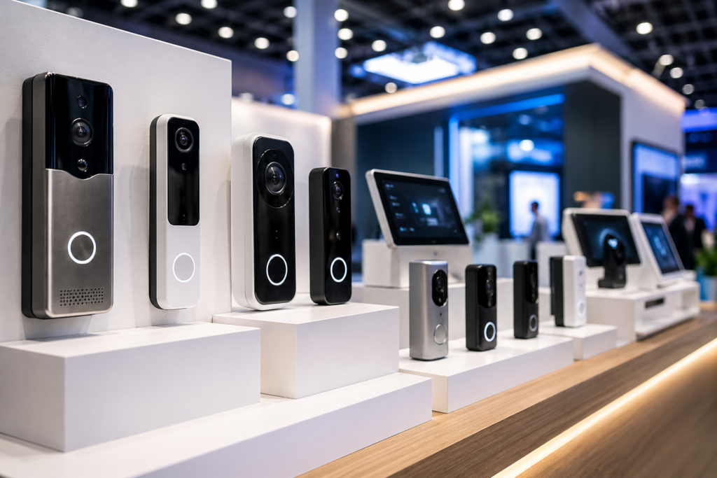 Verschiedene Smart Home Türklingeln mit Kamera auf moderner Technik Ausstellung