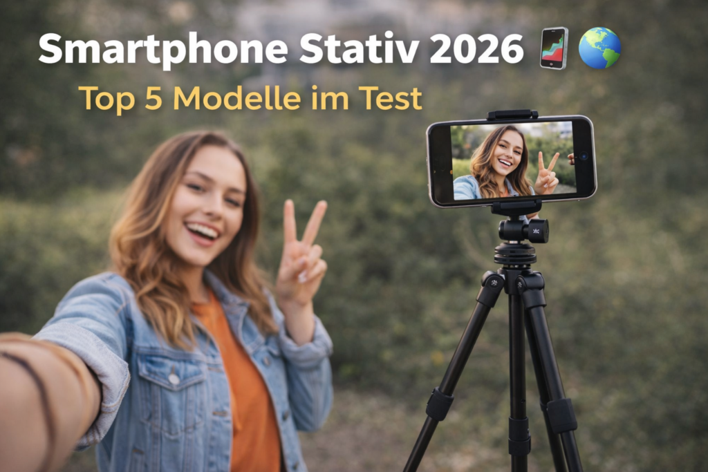 Smartphone Stativ 2026 mit Person bei Selfie Aufnahme und Handy auf Stativ im Einsatz