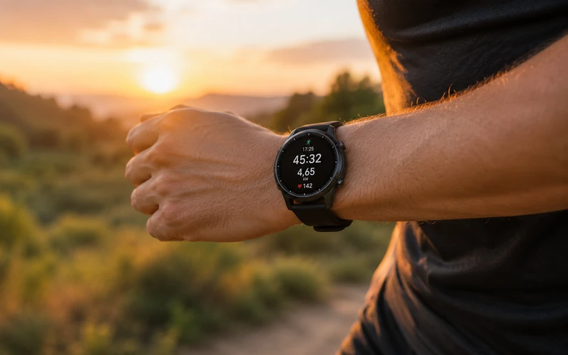 Smartwatch am Handgelenk während sportlicher Aktivität bei Sonnenuntergang