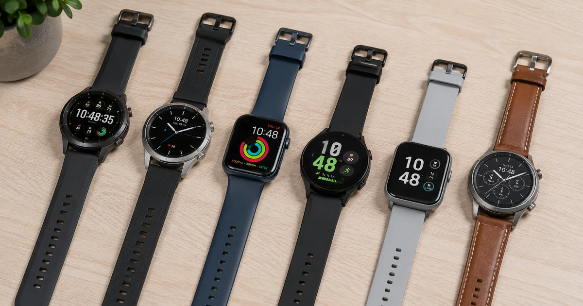 Mehrere Smartwatches nebeneinander auf hellem Tisch von oben fotografiert