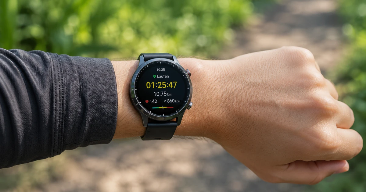 Smartwatch am Handgelenk zeigt Fitnessdaten bei Tageslicht draußen