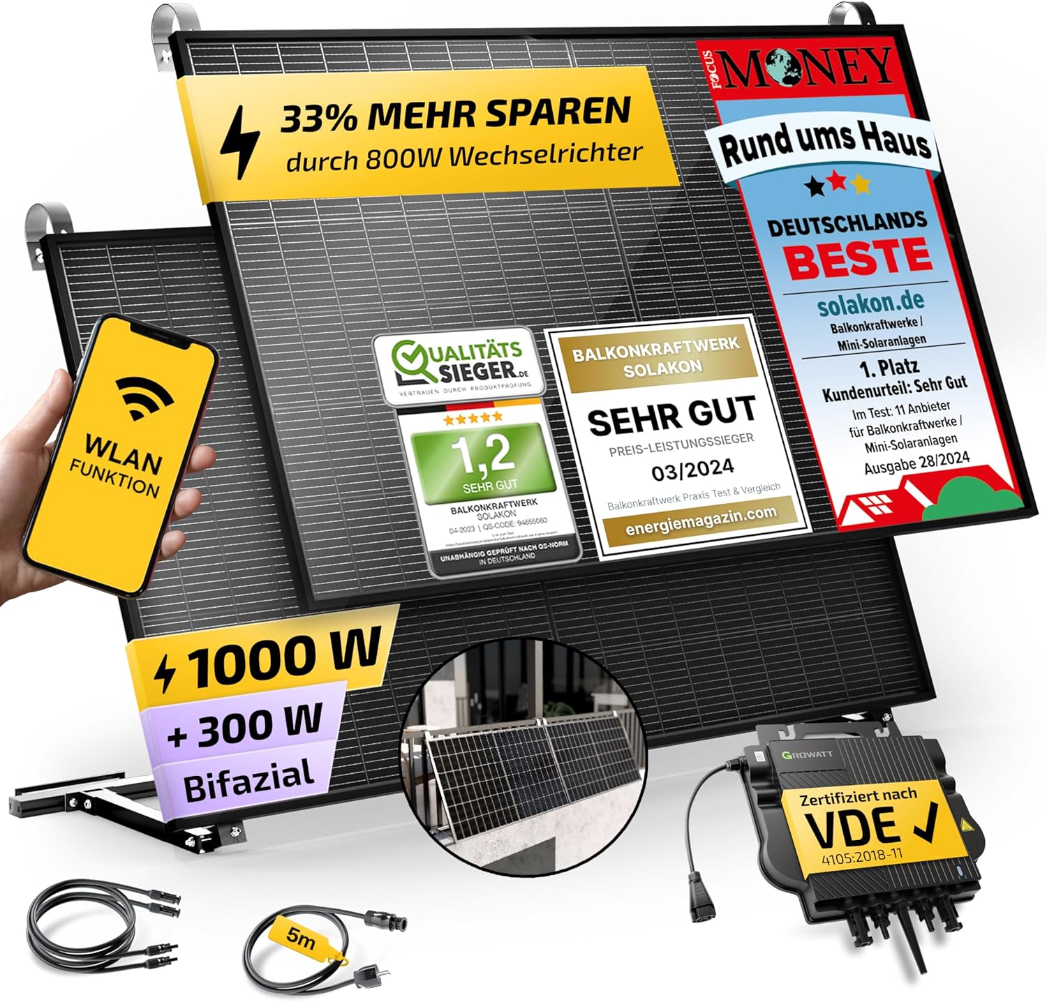 Solakon Balkonkraftwerk 1000W mit Montagehalterung am Balkon