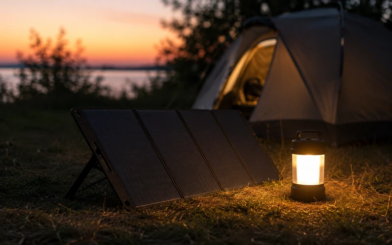 Mobile Solaranlage beim Wildcamping mit Outdoor-Lampe