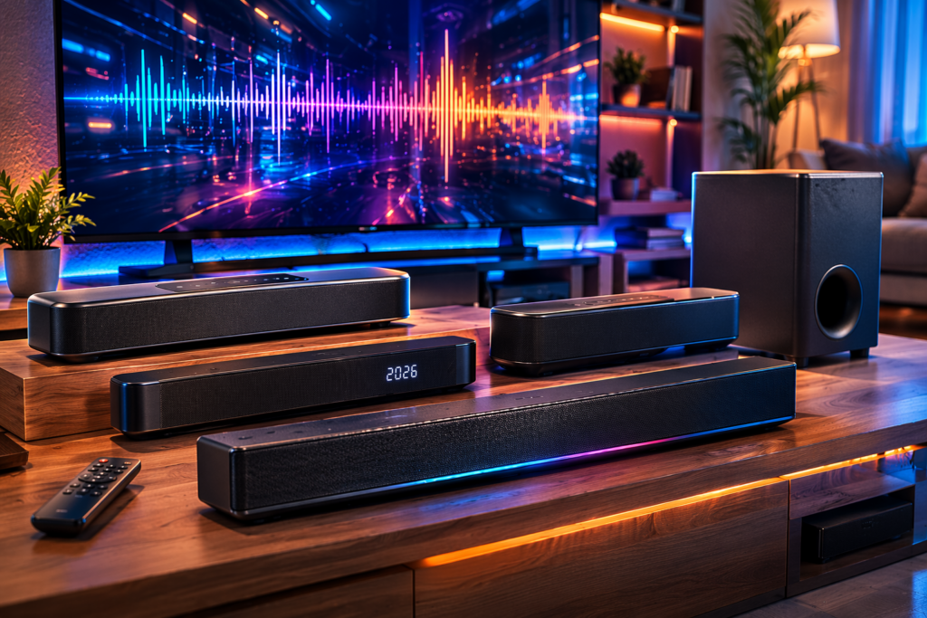 Soundbars 2026 im Vergleich mit Heimkino Setup und Fernseher im Hintergrund