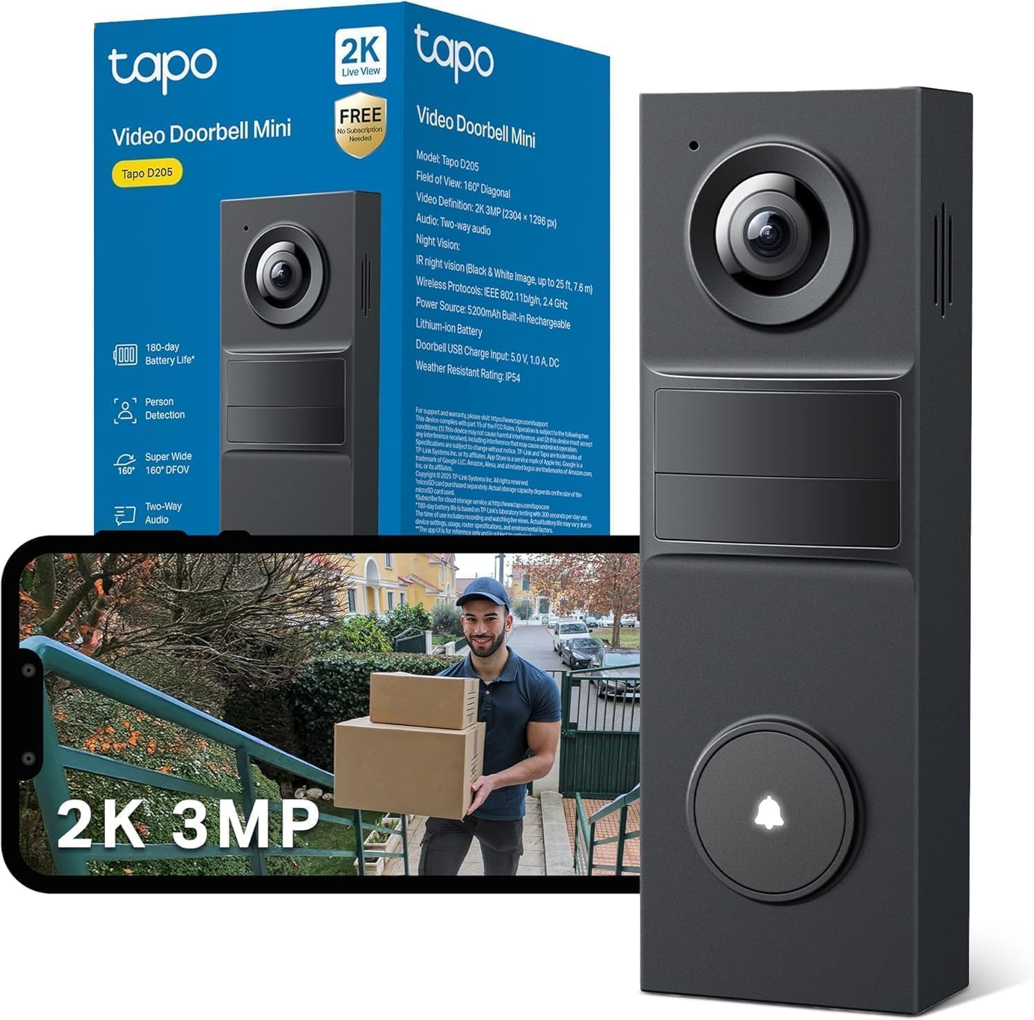 TP-Link Tapo D205 Video Türklingel 2K mit 160 Grad Weitwinkel und Akku