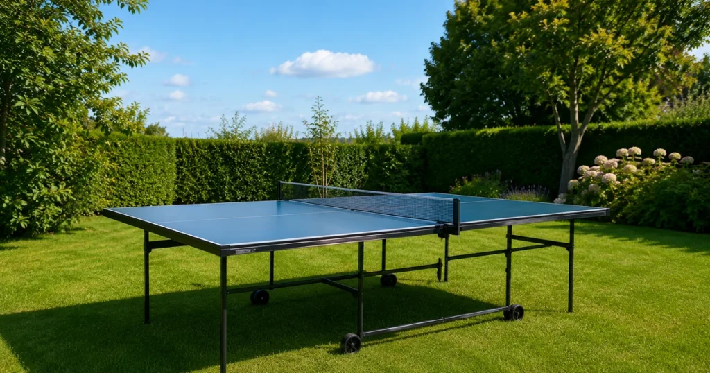 Tischtennisplatte im Garten bei Sonnenschein