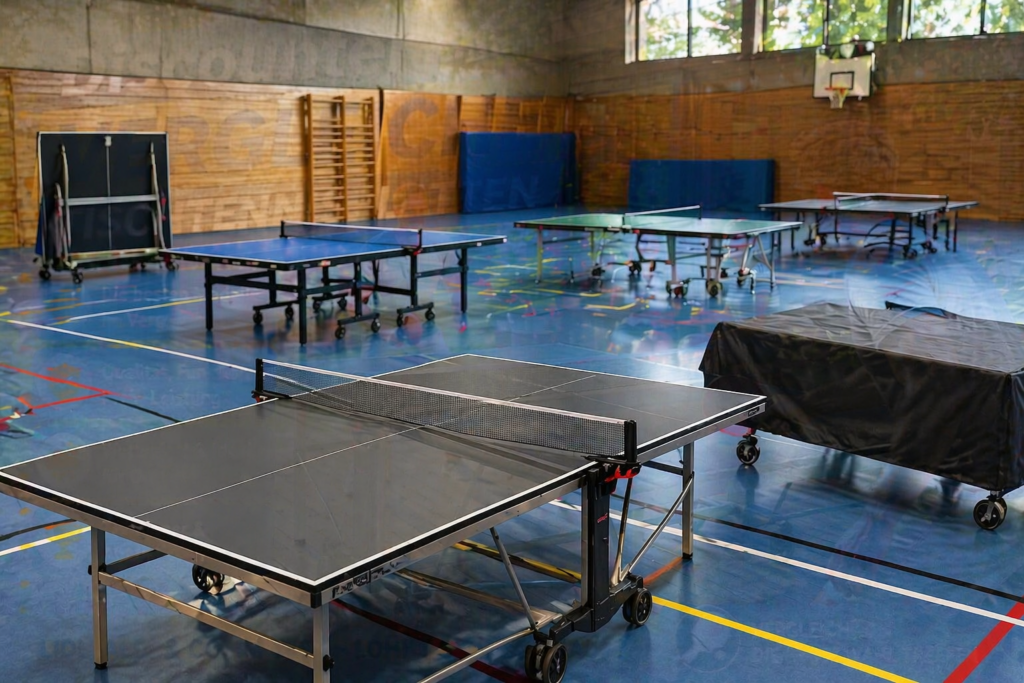 Mehrere Tischtennisplatten mit und ohne Abdeckung in einer Sporthalle für Indoor Training und Vergleich