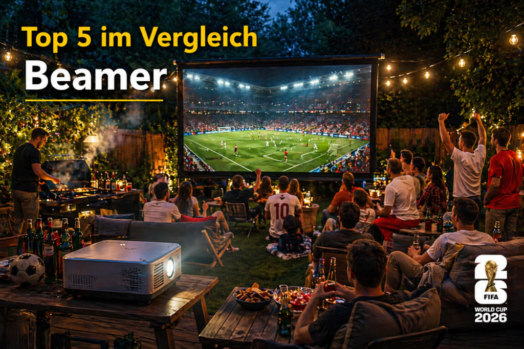 Top 5 Beamer 2026 Vergleich im Garten mit Fußball Public Viewing auf großer Leinwand
