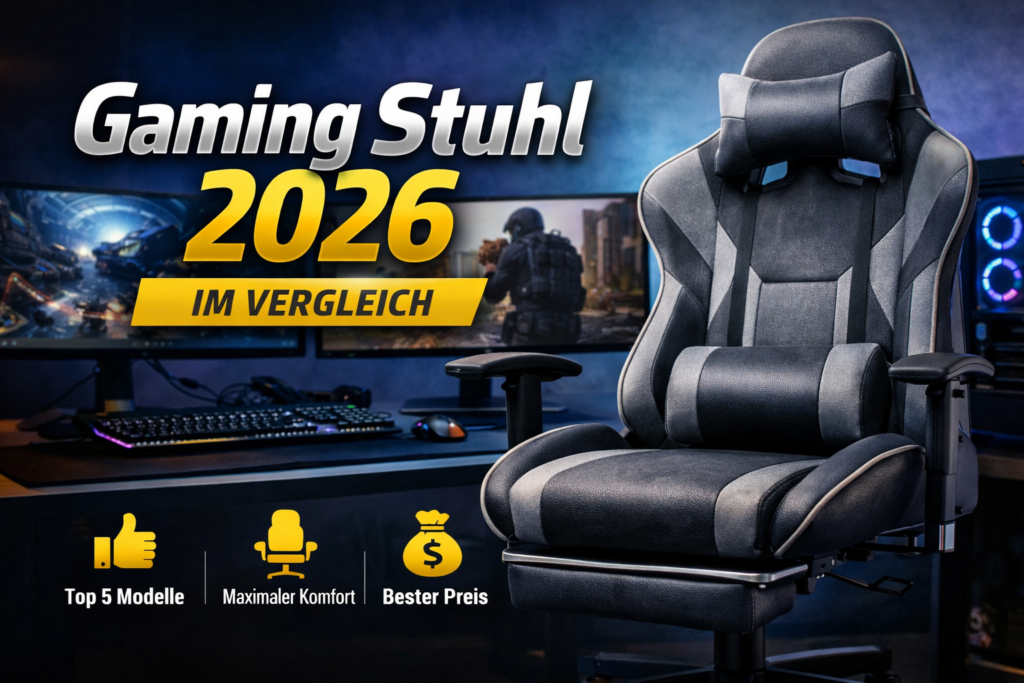 Top 5 Gaming Stuhl 2026 im Vergleich mit Gaming Setup und Monitor im Hintergrund