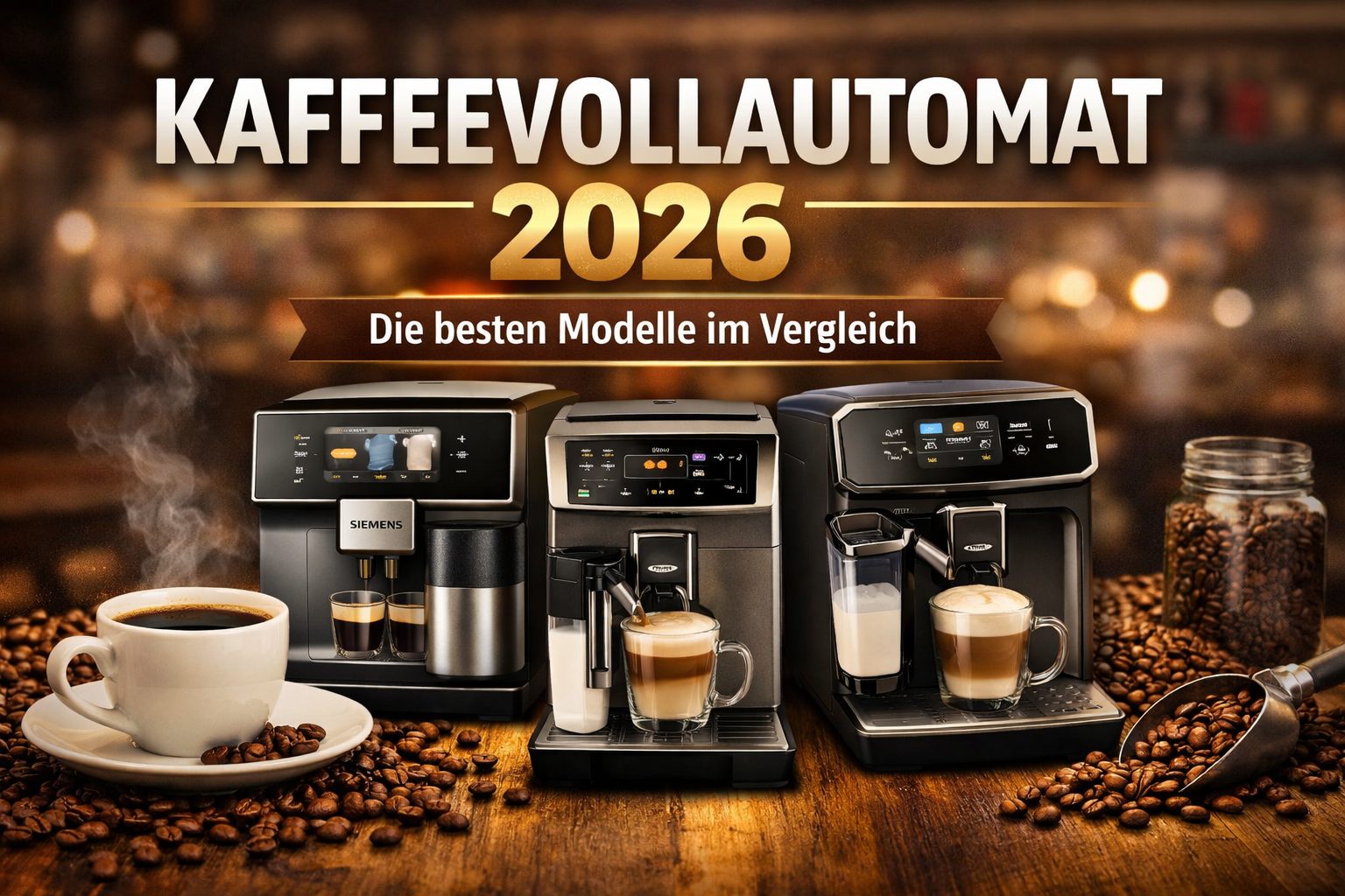 Top 5 Kaffeevollautomaten 2026 mit Kaffeebohnen und Cappuccino im Vergleich