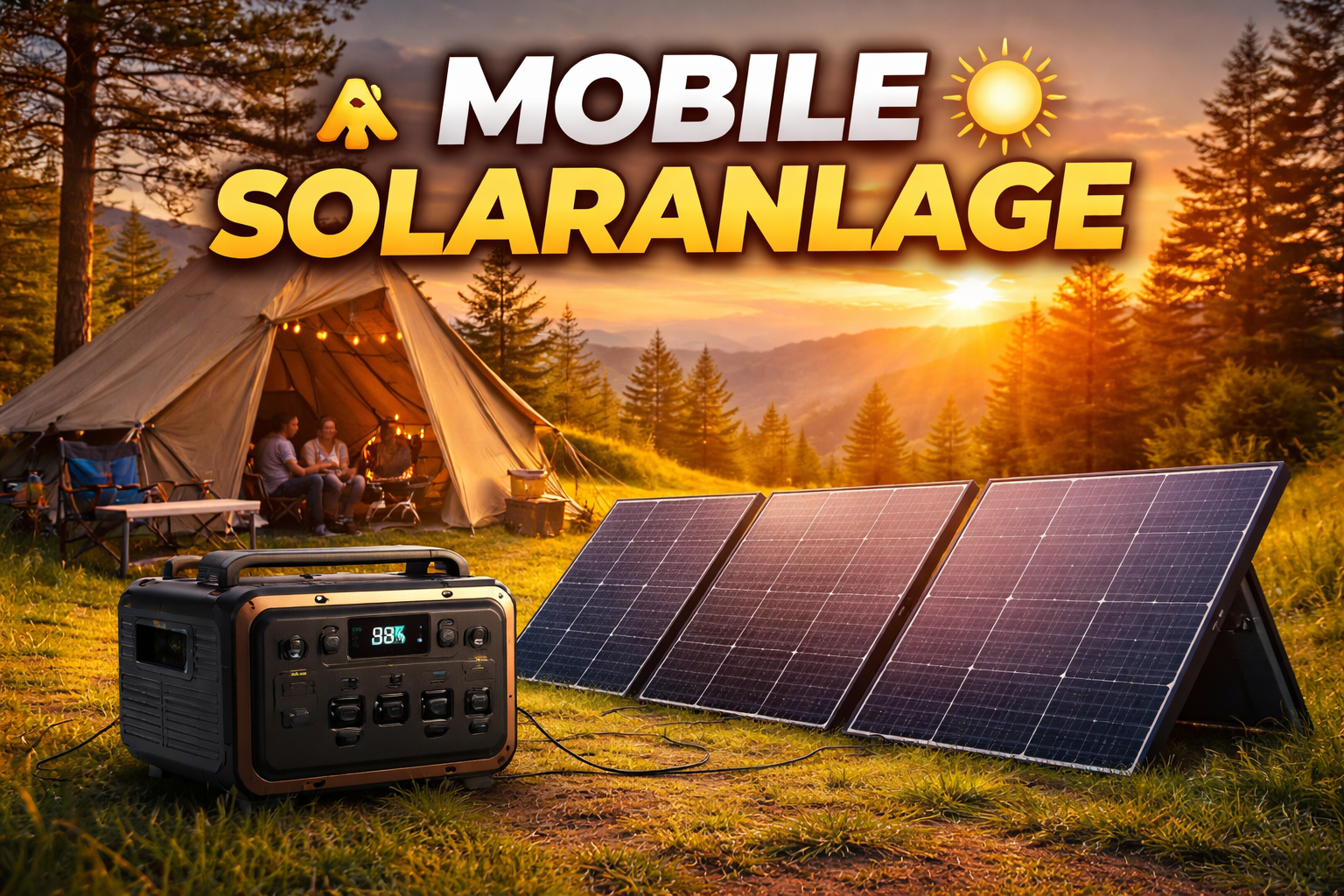 Top 5 Mobile Solaranlagen 2026 im Vergleich mit Camping Setup und Zelt bei Sonnenuntergang