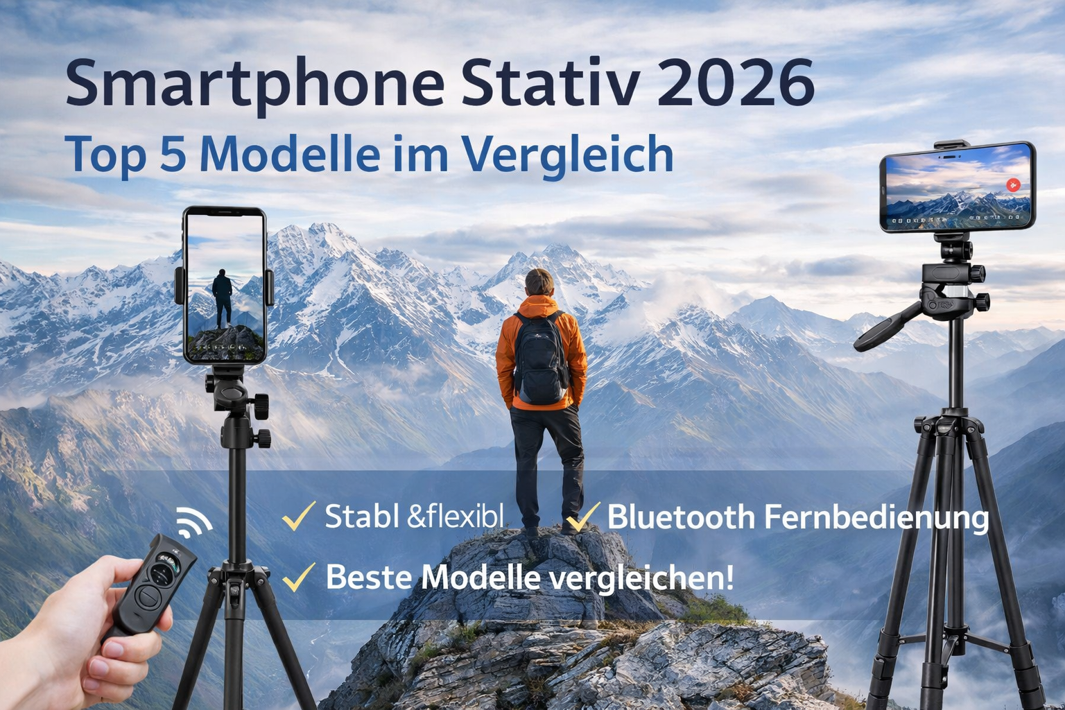 Smartphone Stativ 2026 im Vergleich mit Person in den Bergen und Handy auf Stativ für Foto und Video