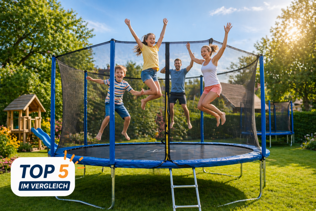 Trampolin Outdoor 2026 Top 5 im Vergleich mit spielenden Kindern und Erwachsenen im Garten