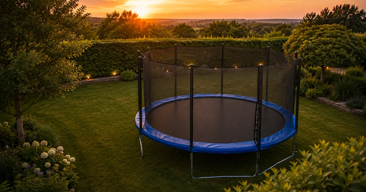 Trampolin Outdoor im Garten bei Abenddämmerung